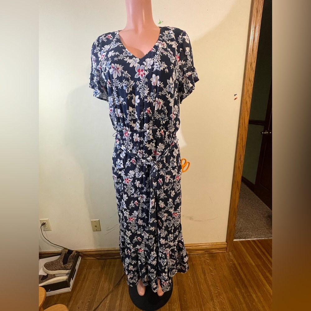 J Jill Dress Women’s XS Blue‎ Magnolia Ruffled V-Neck Floral Tiered Hem long